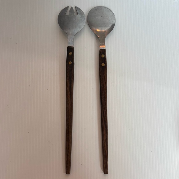 Vintage Salad Serving Set Wood Handle Stainless Rostfrei German MCM 11.5” - Picture 2 of 9